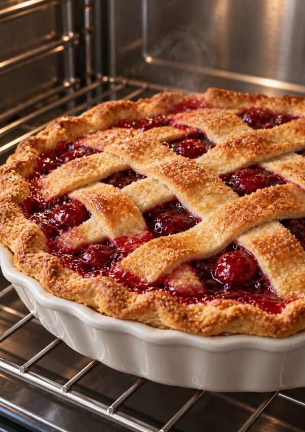 A steaming cherry pie with a golden-brown lattice crust baking inside an oven.