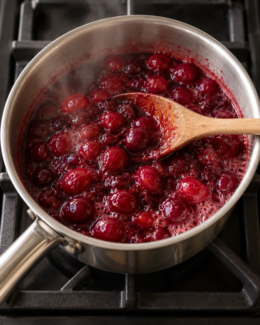 Cranberries simmering in a stainless steel saucepan on a stovetop, being stirred with a wooden spoon.