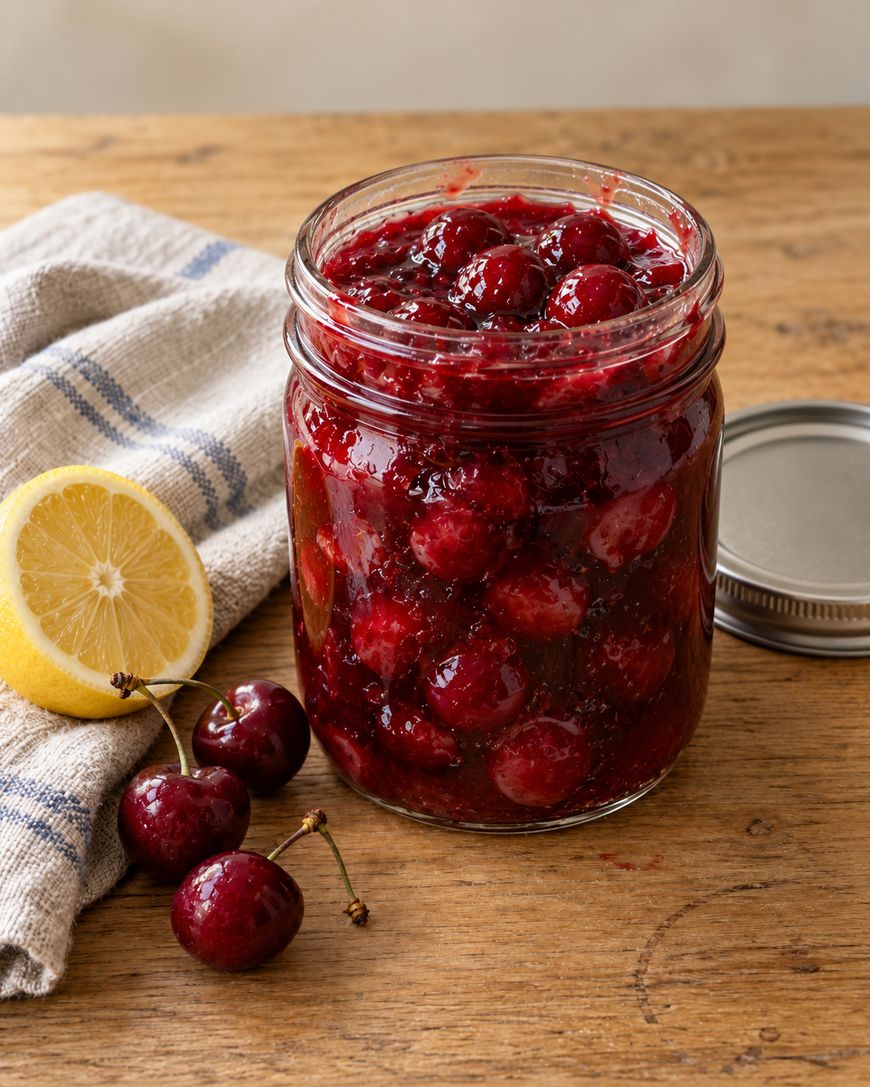 A glass jar filled with cherry preserves, sitting next to three fresh cherries and a lemon half on a wooden surface.