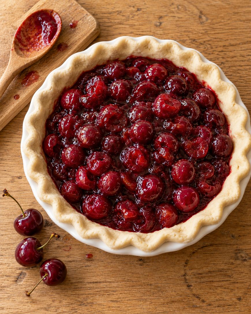 A cherry pie in a white dish, next to a wooden spoon and three fresh cherries on a wooden table.