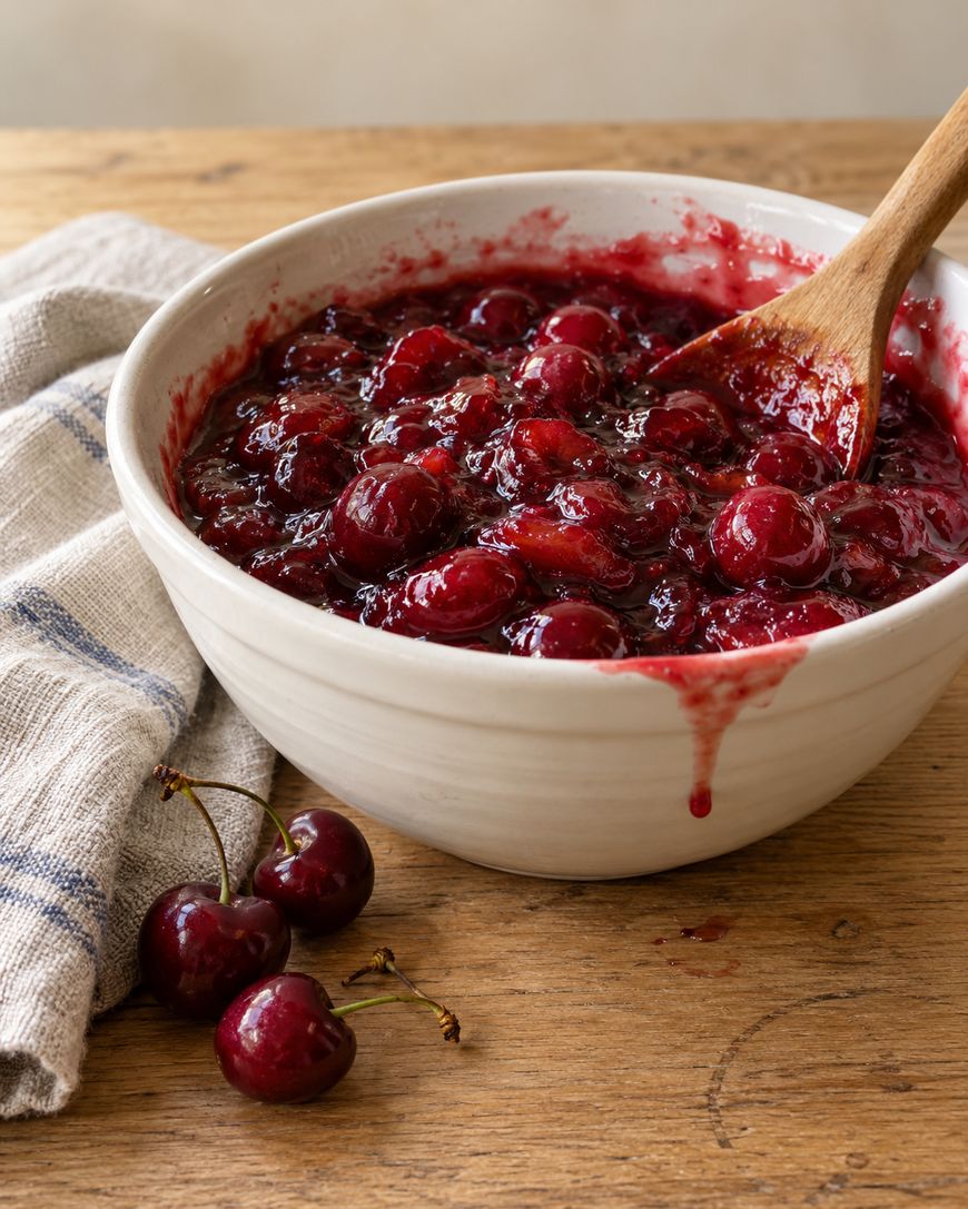 A white bowl filled with cherry compote and a wooden spoon, with three fresh cherries nearby on a wooden table.