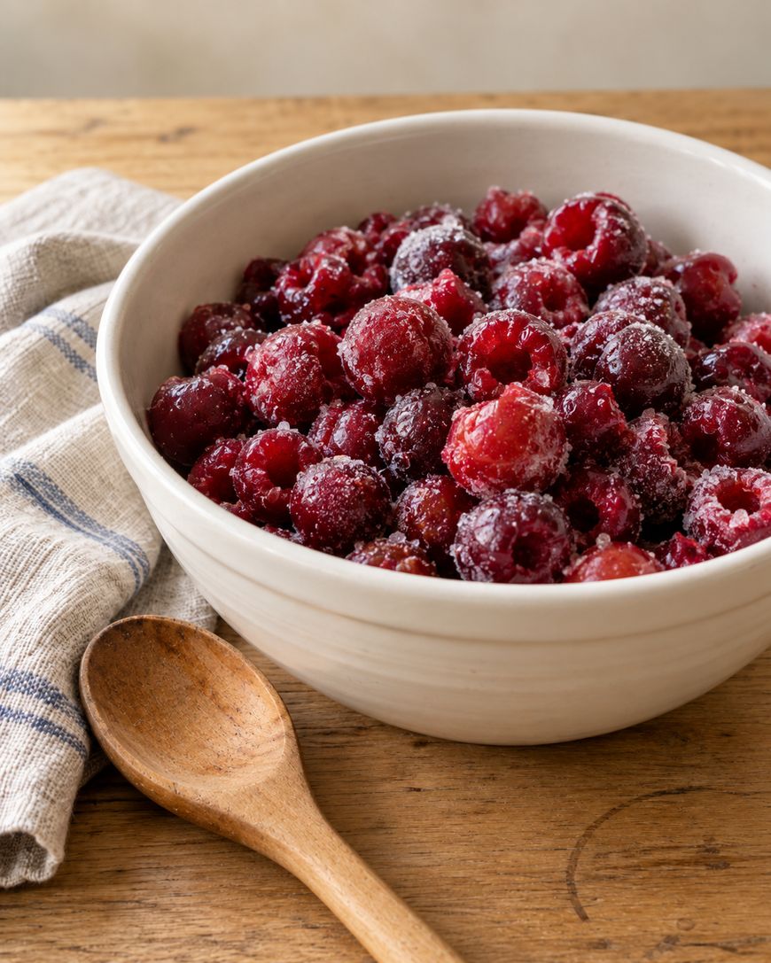 A white bowl filled with frozen raspberries, sitting on a wooden surface next to a wooden spoon and a linen napkin.