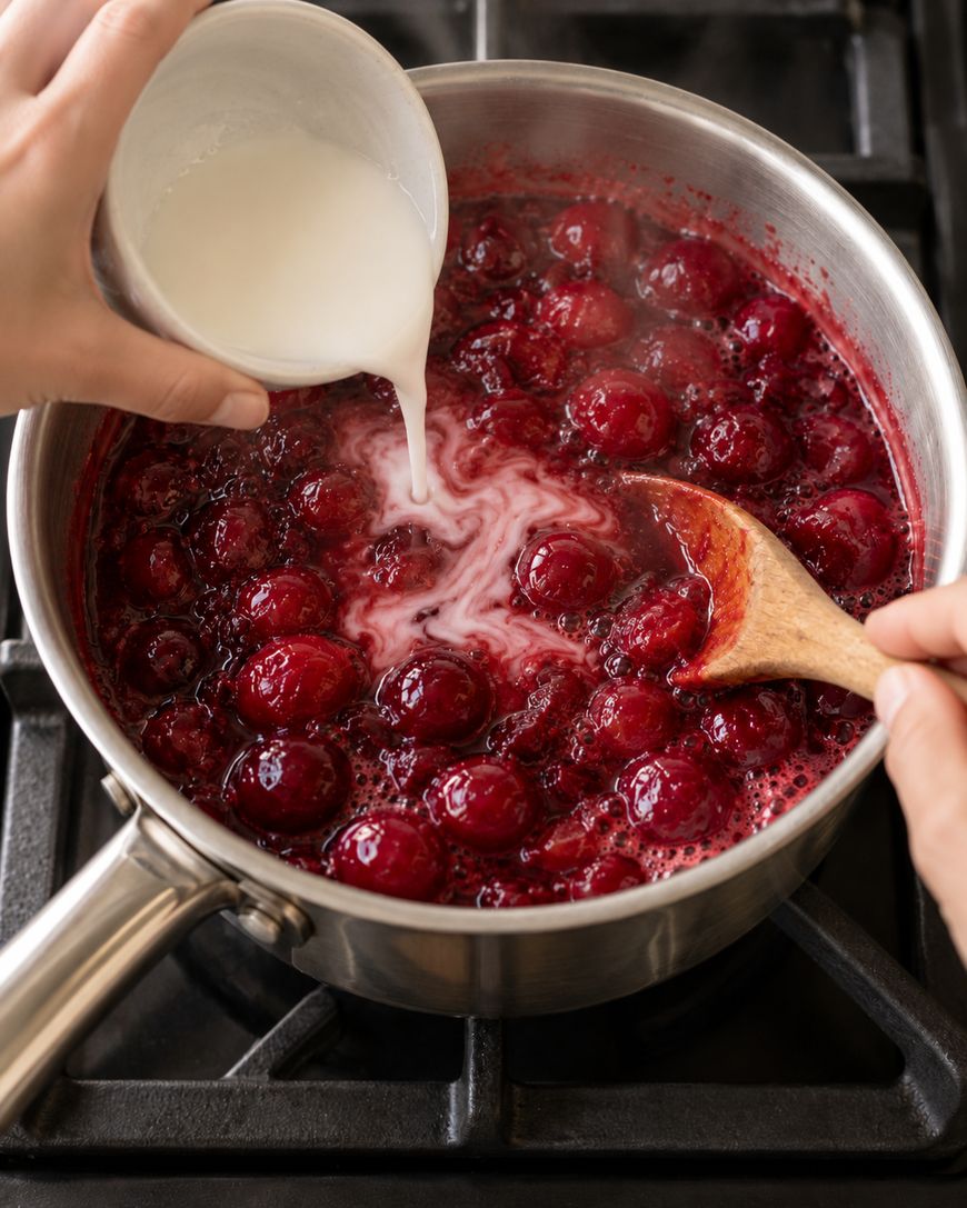 Cream being poured from a small bowl into a pot of simmering cherries being stirred with a wooden spoon.
