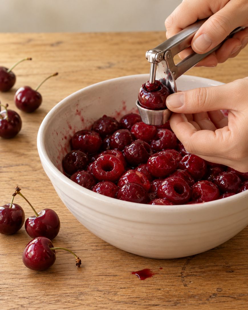Hands using a metal pitter to remove the pit from a fresh cherry over a bowl of pitted cherries.