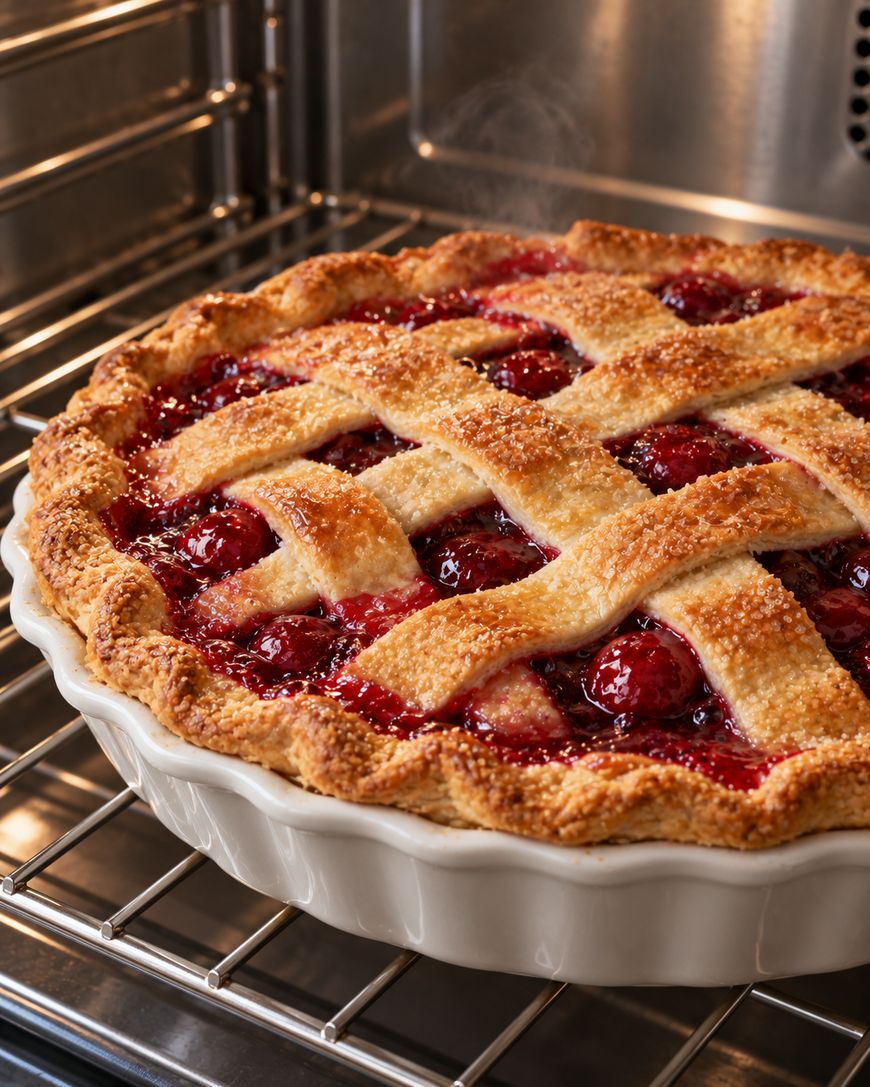 A lattice-crusted berry pie baking inside an oven.