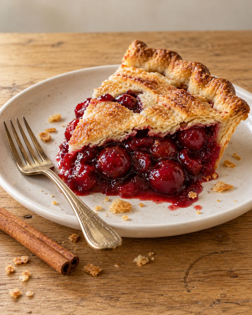 A slice of cherry pie with a golden crust on a plate next to a fork and a cinnamon stick.