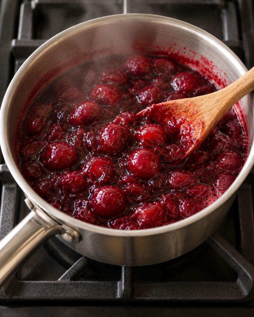 A wooden spoon stirs simmering cherry compote in a stainless steel saucepan on a stovetop.