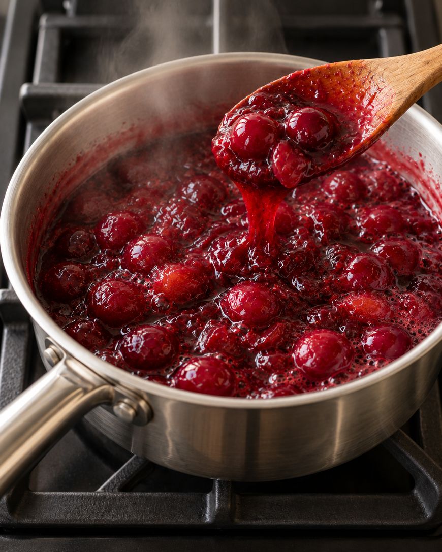 A wooden spoon lifts steaming cranberry sauce from a stainless steel saucepan on a stovetop.