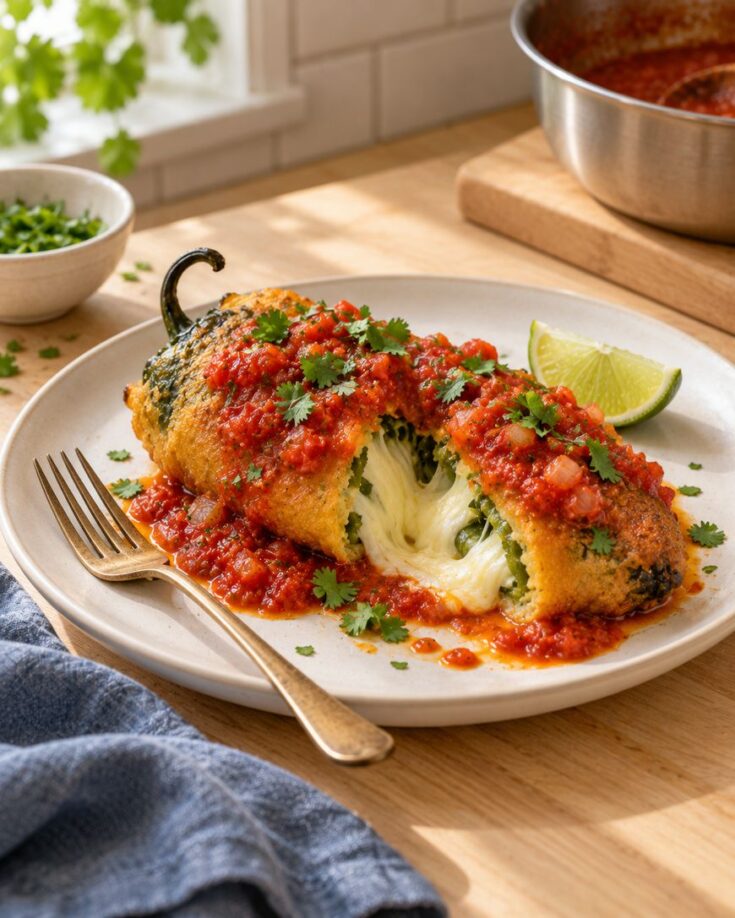 A cheese-stuffed chile relleno topped with red sauce and cilantro on a plate, with a lime wedge and fork, sits on a wooden table near a bowl of sauce and herbs.
