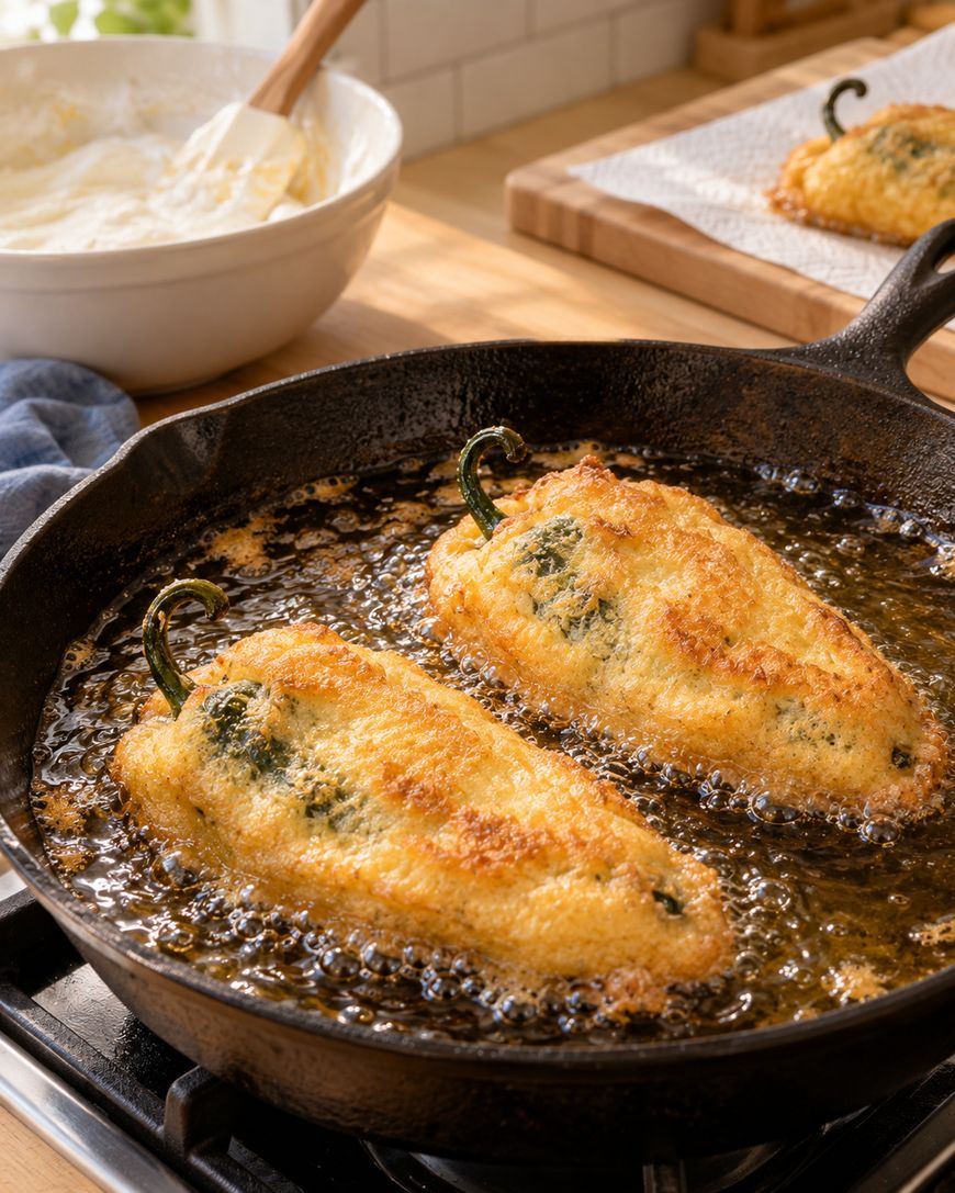 Two chile rellenos are frying in a cast iron skillet filled with oil. In the background, a bowl with batter and a whisk, plus another finished chile relleno on a paper towel, are visible on a wooden countertop.