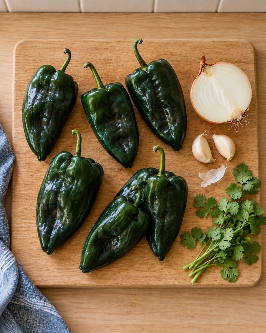 Six poblano peppers, half an onion, two garlic cloves, and a bunch of cilantro are arranged on a wooden cutting board, with a blue kitchen towel in the corner.