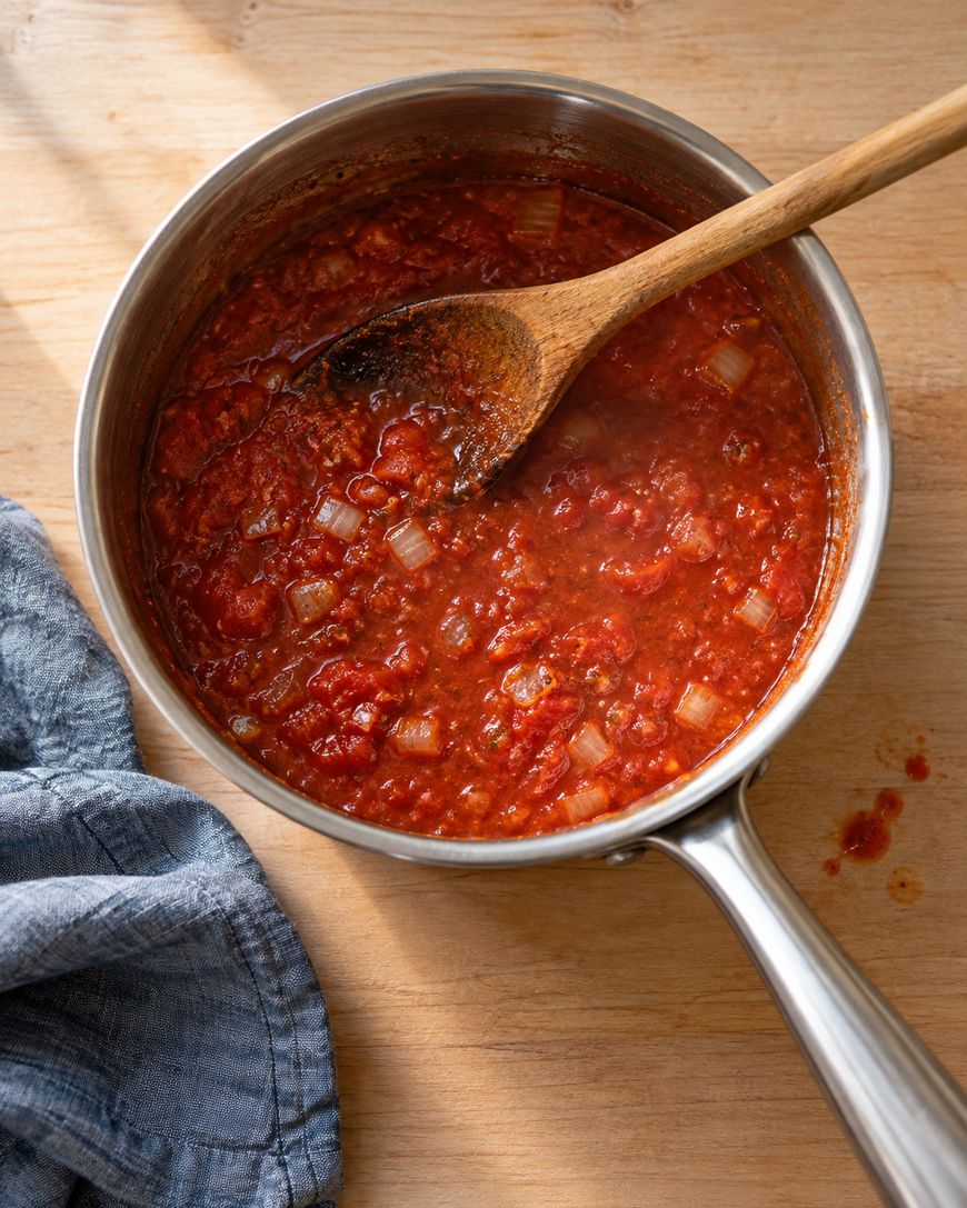 A saucepan filled with chunky tomato sauce and diced onions, being stirred with a wooden spoon. A blue cloth is placed next to the pan on a light wooden surface.
