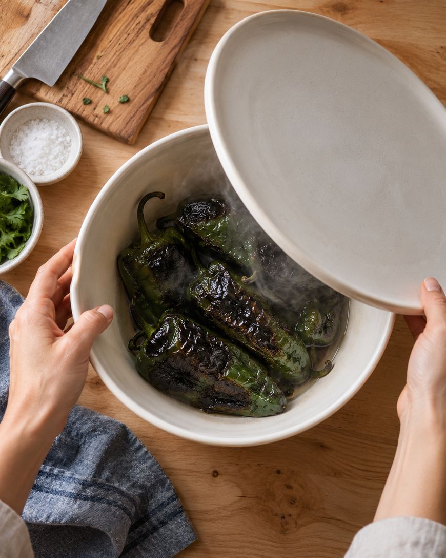 A person lifts a lid from a bowl containing charred poblano peppers, with steam rising. A wooden board, knife, salt, and cilantro are on the table nearby.