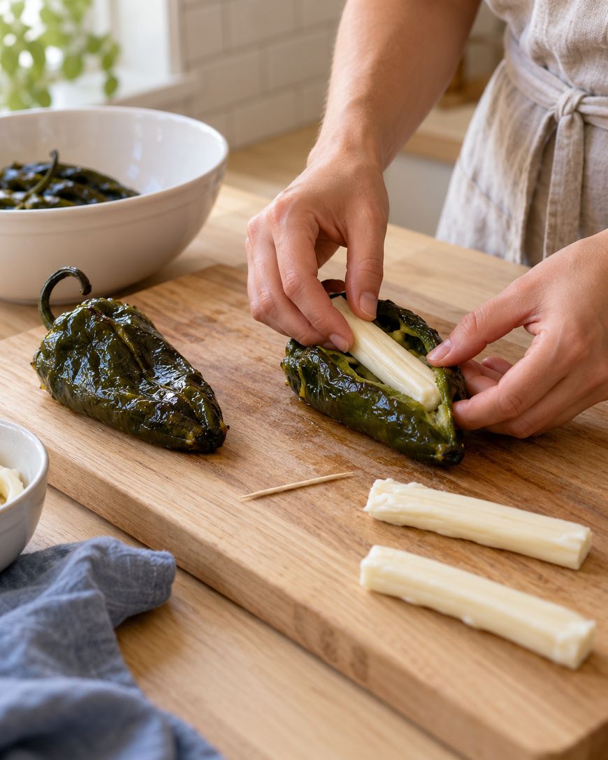 Hands stuffing a roasted poblano pepper with cheese on a wooden cutting board, with another pepper, cheese sticks, a toothpick, and a bowl of peppers in the background.