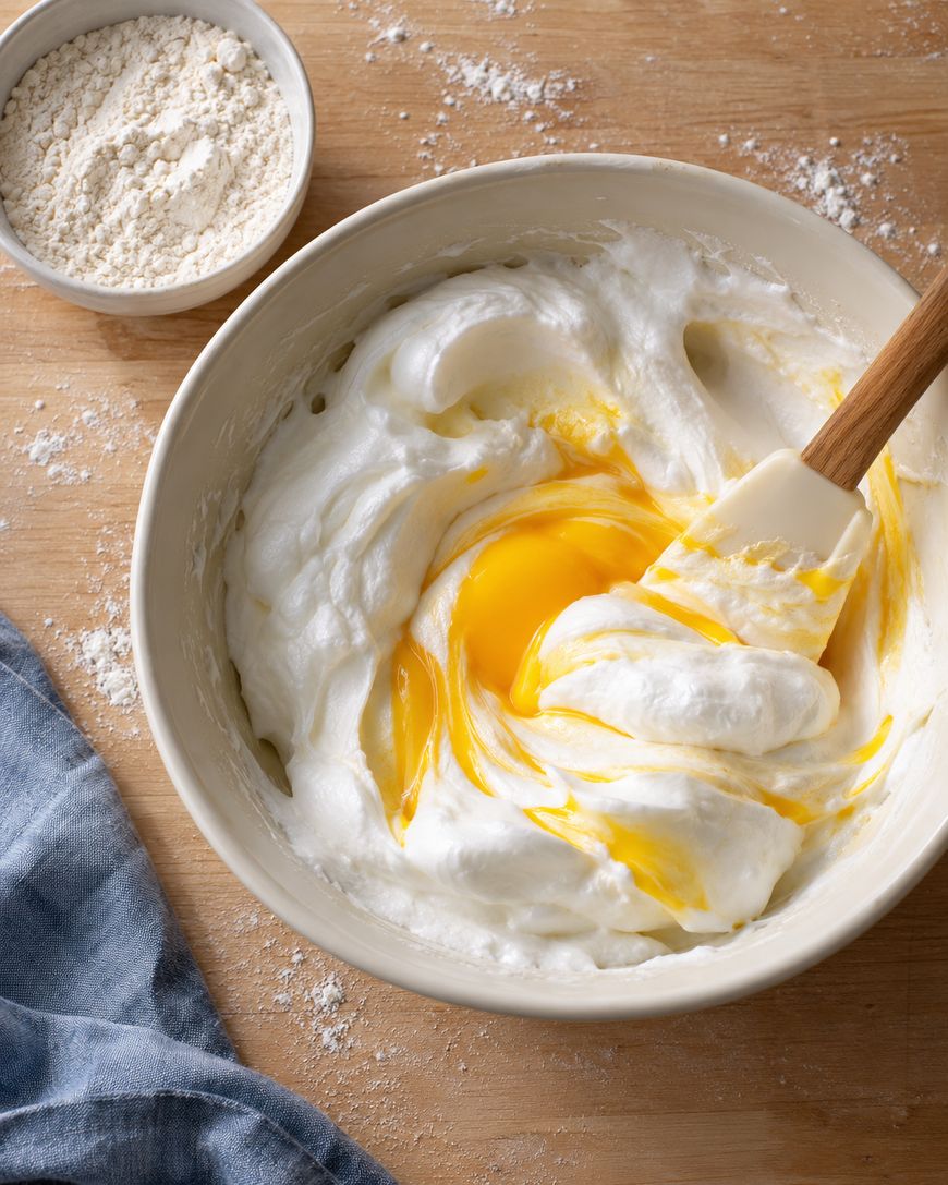 A bowl of whipped egg whites being folded with egg yolks using a spatula, next to a small bowl of flour on a wooden surface with a blue cloth nearby.
