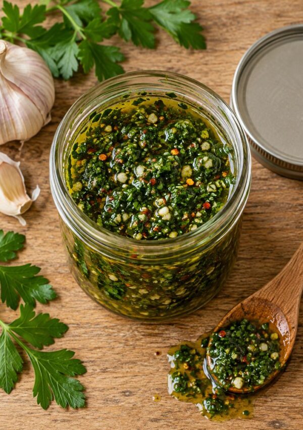 A glass jar filled with green chimichurri sauce, accompanied by a wooden spoon, garlic bulbs, and sprigs of parsley on a wooden surface.