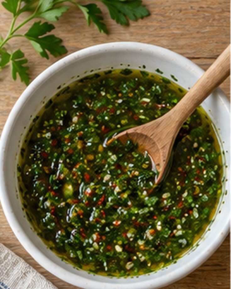 A white bowl of chimichurri sauce with a wooden spoon and a sprig of parsley on a wooden table.
