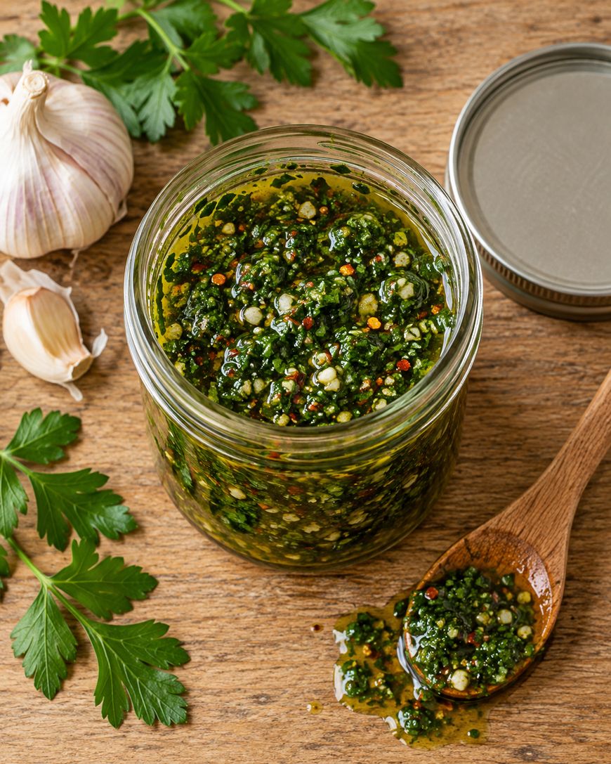 A glass jar filled with chimichurri sauce, a wooden spoon with a dollop of the sauce, a bulb of garlic, and fresh parsley sprigs on a wooden surface.