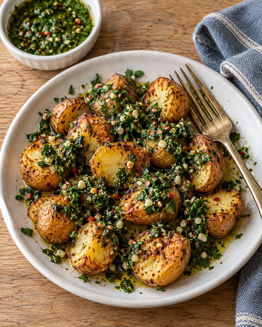 Roasted potato halves topped with chimichurri sauce on a white plate, with a small bowl of sauce and a fork alongside.