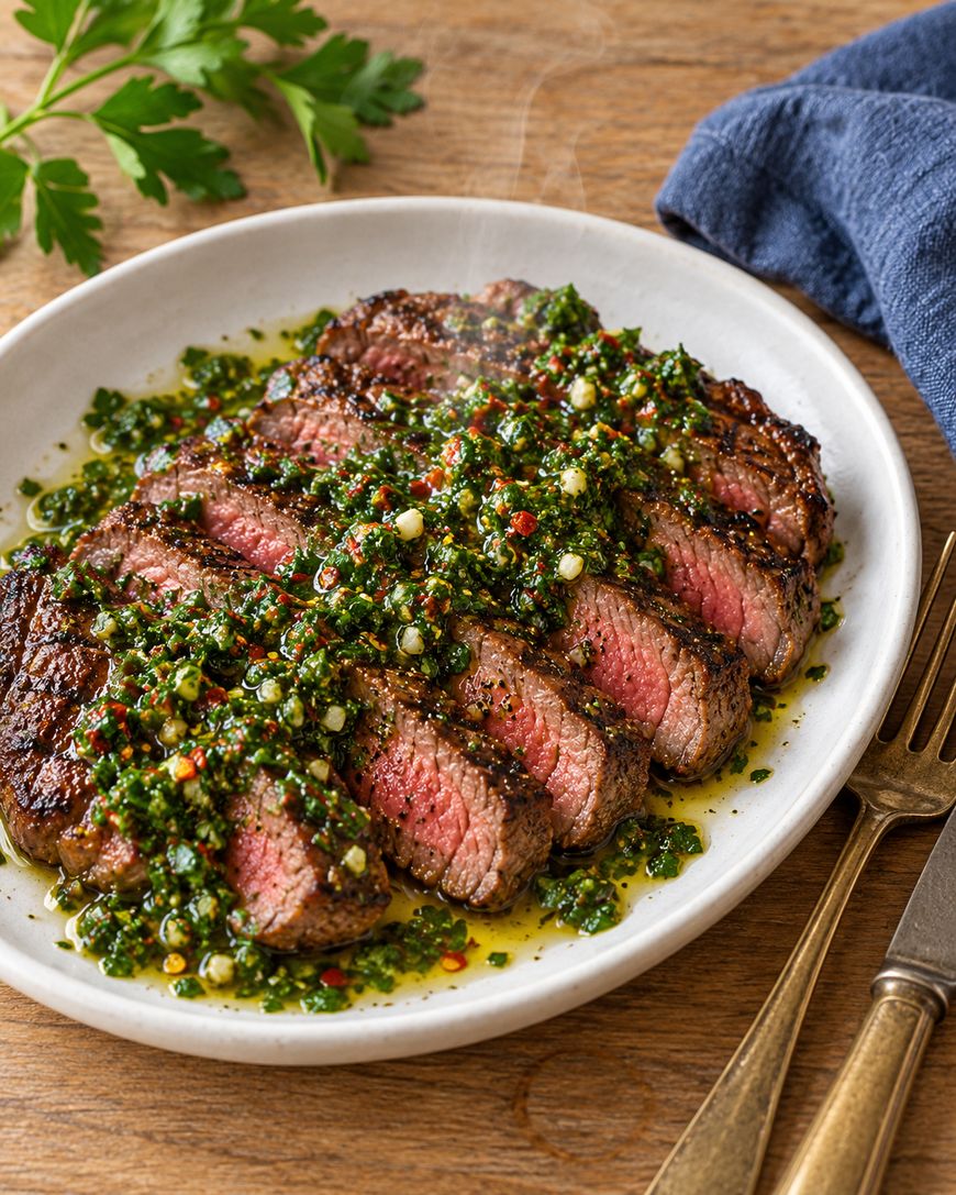 Sliced steak topped with vibrant green chimichurri sauce on a white plate.