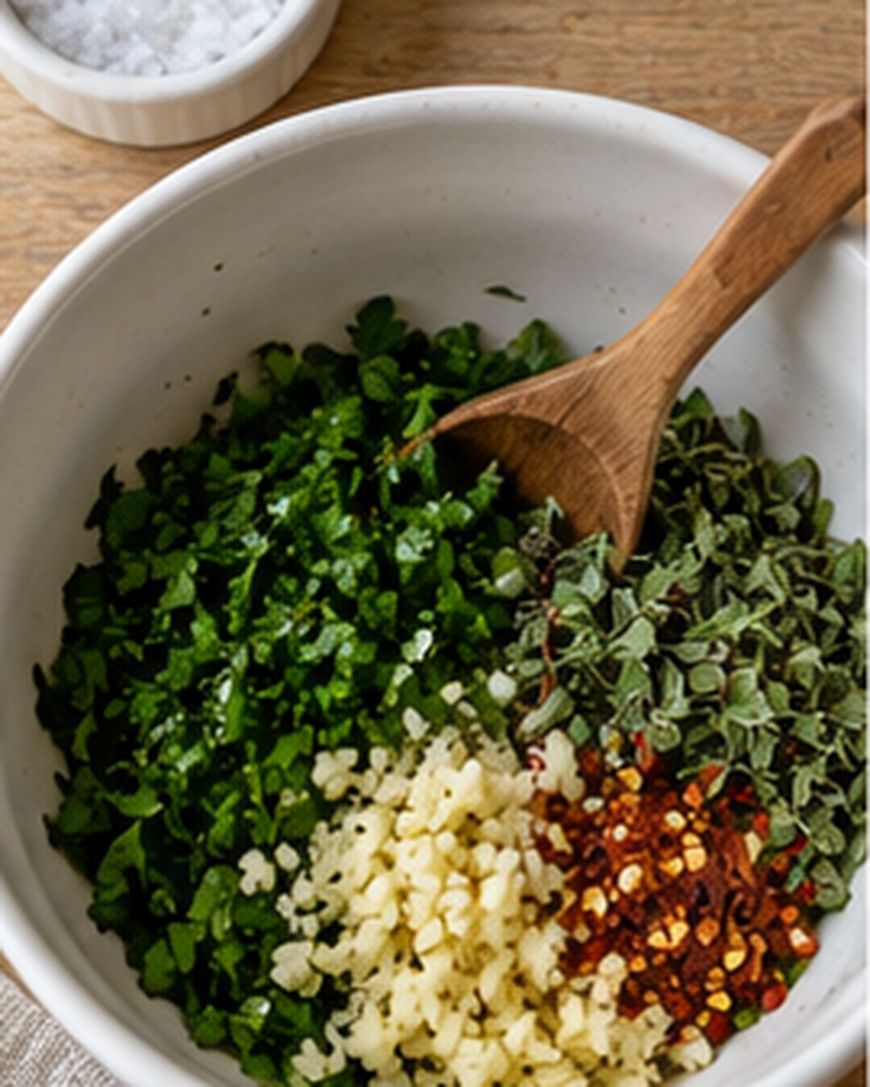 A wooden spoon in a bowl containing mounds of chopped fresh herbs, minced garlic, and red pepper flakes, with a small dish of salt nearby.