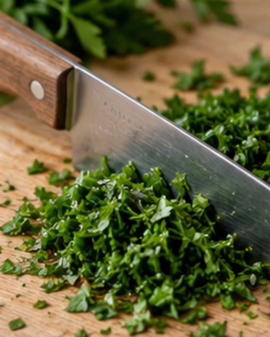 A chefs knife chopping a pile of fresh parsley on a wooden cutting board.