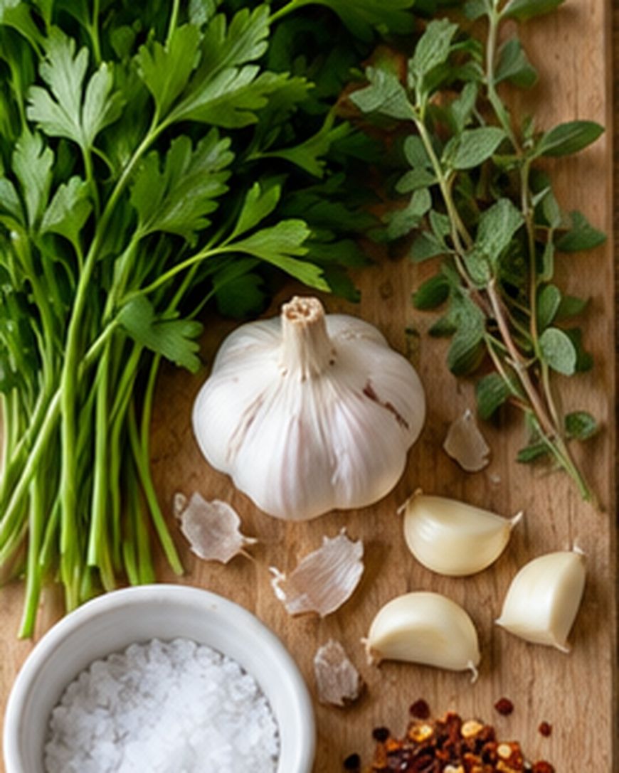 A bulb of garlic, three garlic cloves, a bunch of parsley, a sprig of herbs, a small bowl of salt, and a pile of red pepper flakes on a wooden cutting board.