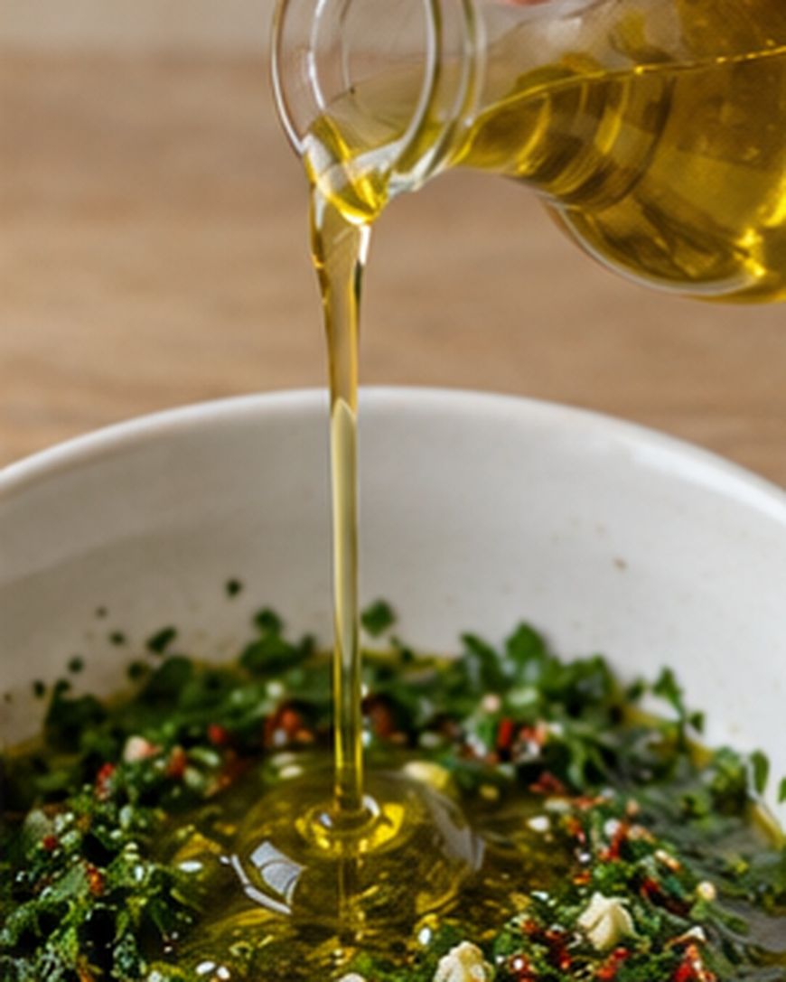 Olive oil pouring from a glass cruet into a bowl of chopped herbs and spices.