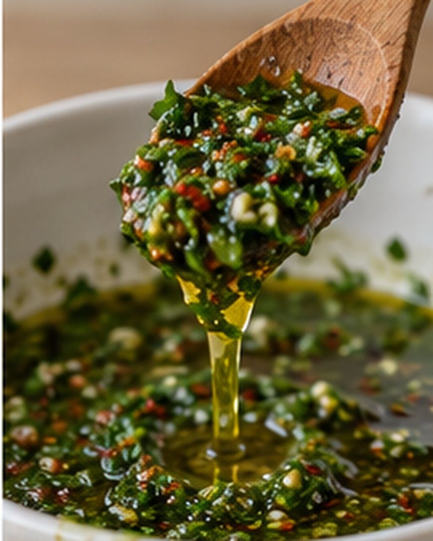 A wooden spoon lifts a portion of green herb chimichurri, with oil dripping back into a bowl of the sauce.