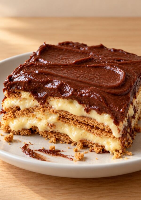 A square slice of layered eclair cake topped with chocolate frosting on a plate.