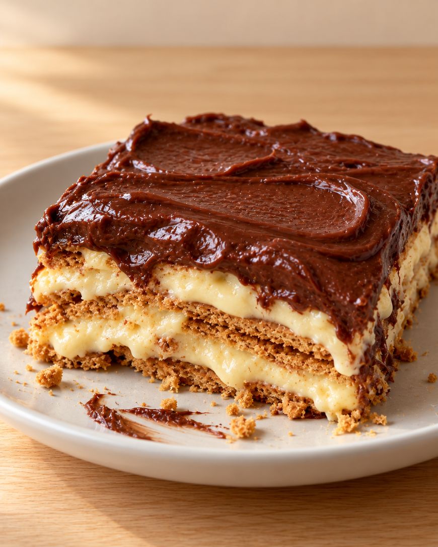 A square slice of layered cake featuring thin biscuit layers, custard filling, and a thick chocolate frosting top on a white plate.