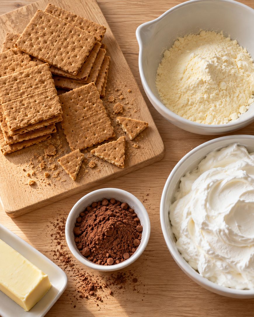 A wooden cutting board with a stack of graham crackers, next to bowls containing yellow powder, cocoa powder, and whipped cream, with a stick of butter nearby.