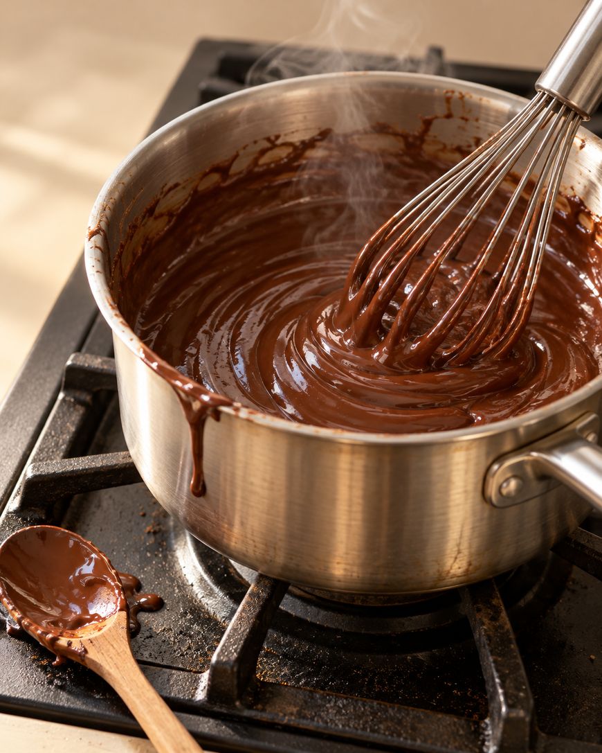 A metal whisk stirs steaming melted chocolate in a saucepan on a stovetop, with a wooden spoon resting nearby.