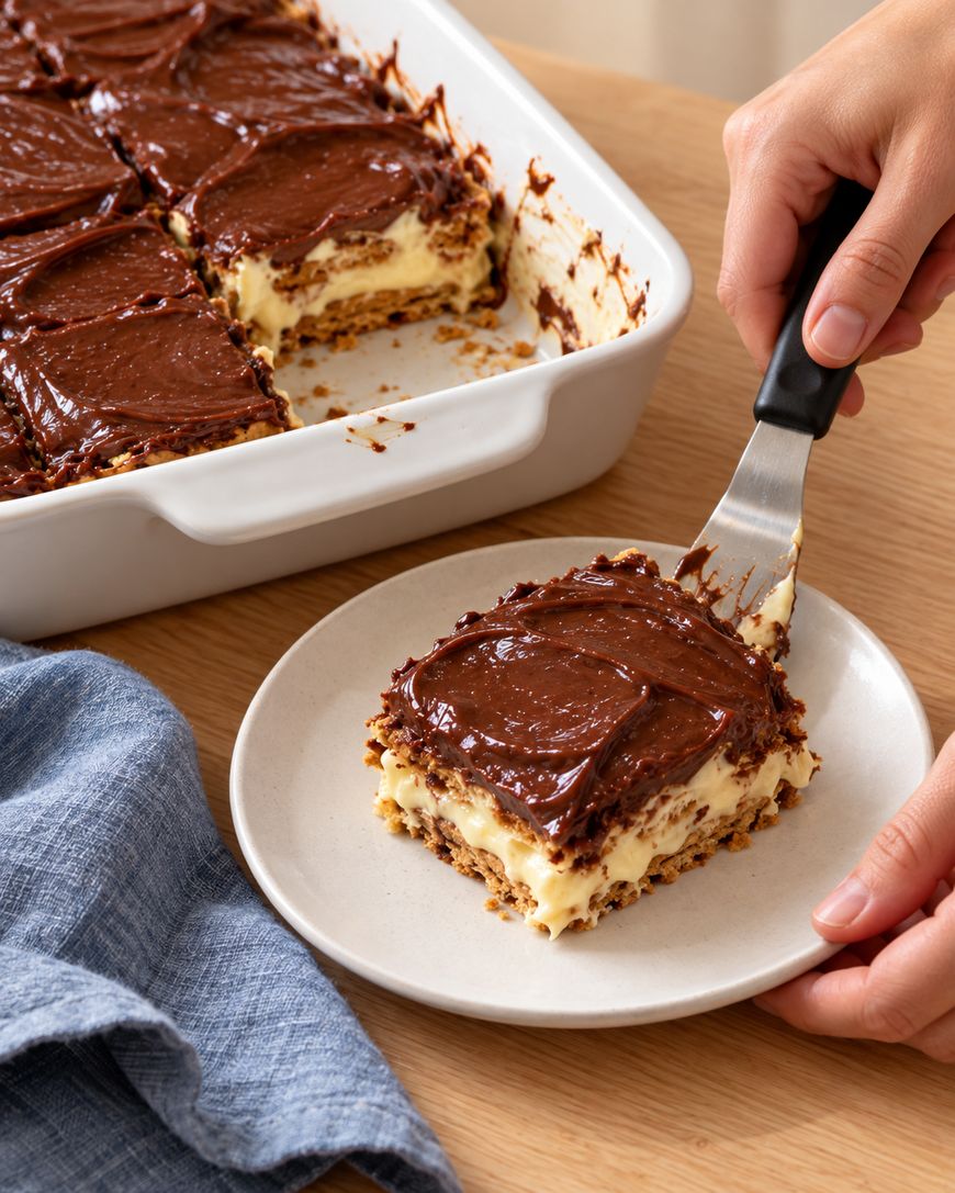 A hand uses a metal spatula to place a square of layered chocolate and cream dessert onto a plate, with a baking dish full of the same dessert nearby.