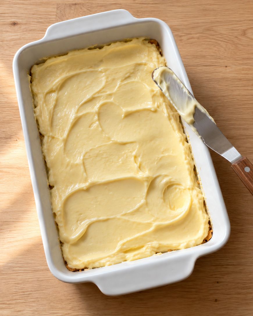A white rectangular baking dish filled with a layer of yellow custard, with an offset spatula resting on the side.