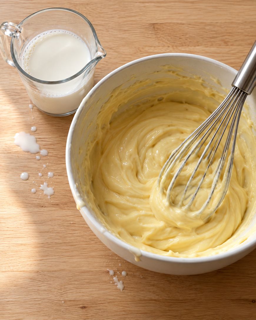 A metal whisk in a bowl of pale yellow batter next to a glass pitcher of milk on a wooden surface.