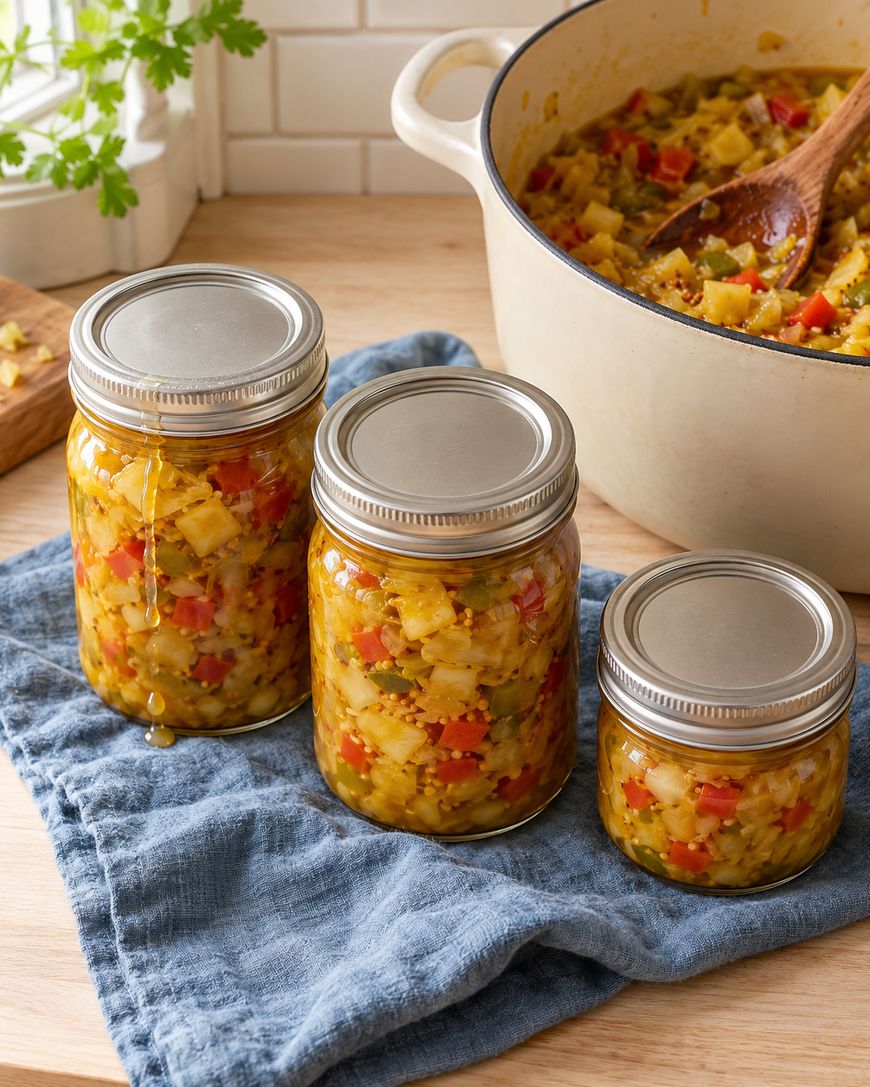 Three jars filled with homemade relish with diced vegetables sit on a blue cloth, next to a pot of relish and a wooden spoon on a wooden countertop in a bright kitchen.