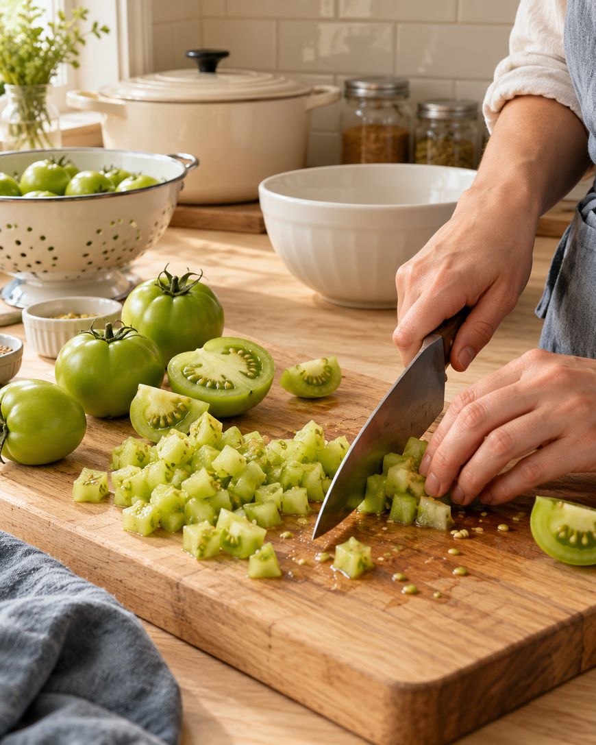 A person chops green tomatoes into cubes on a wooden cutting board in a kitchen, with whole green tomatoes, a bowl, and a colander visible in the background.
