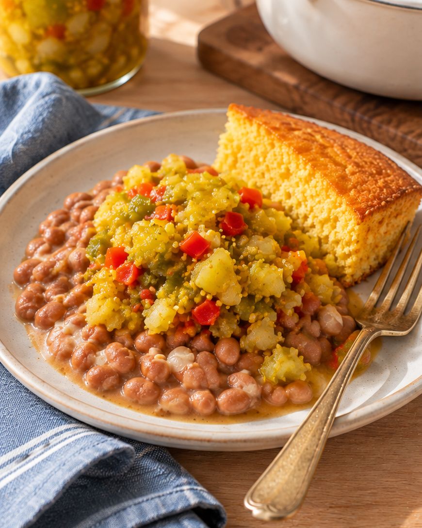 A plate of pinto beans topped with colorful chow-chow relish, served with a slice of golden cornbread and a fork, sits on a blue napkin.