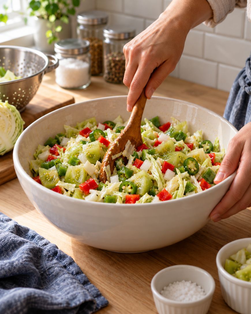 A person mixes a fresh vegetable salad with wooden tongs in a large bowl on a kitchen counter; chopped peppers and cabbage are visible. Jars of spices, a colander, and small bowls are nearby.