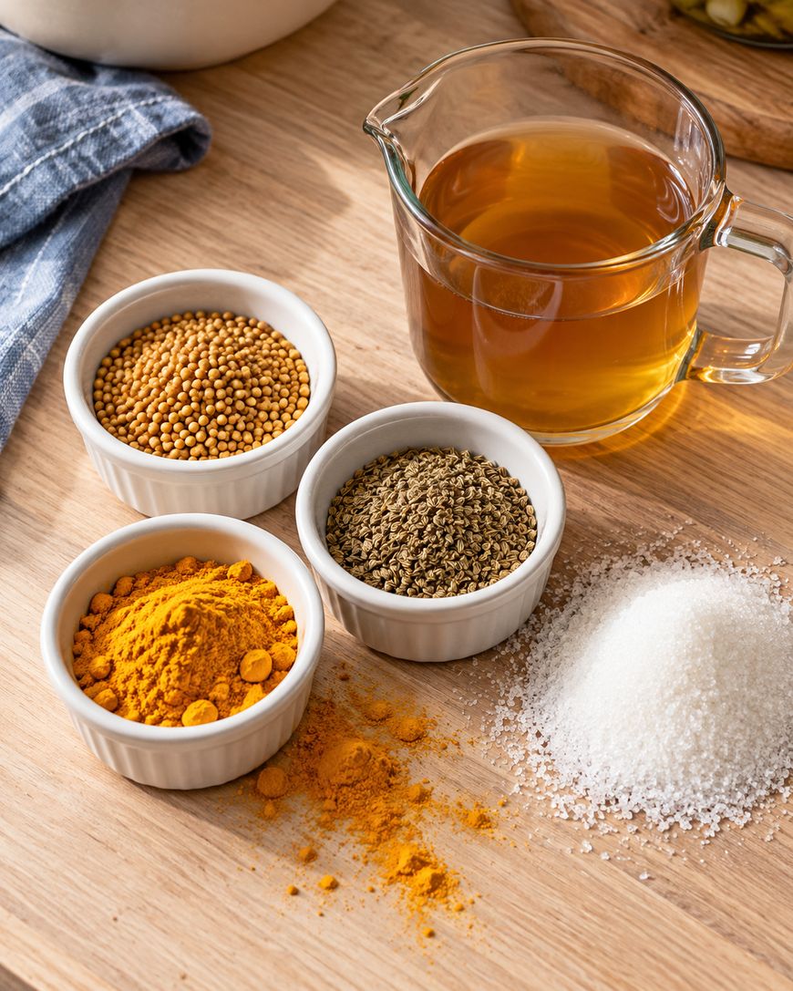 Small bowls of mustard seeds, celery seeds, and turmeric powder, a glass measuring cup of brown liquid, and a pile of salt are arranged on a wooden surface with a blue cloth nearby.