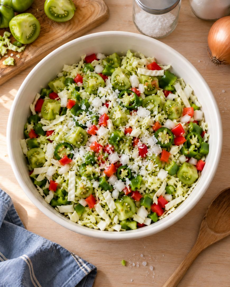 A bowl of chopped green tomatoes, cabbage, red bell pepper, and onions topped with grated cheese sits on a wooden table near a spoon, napkin, and cutting board with sliced green tomatoes.