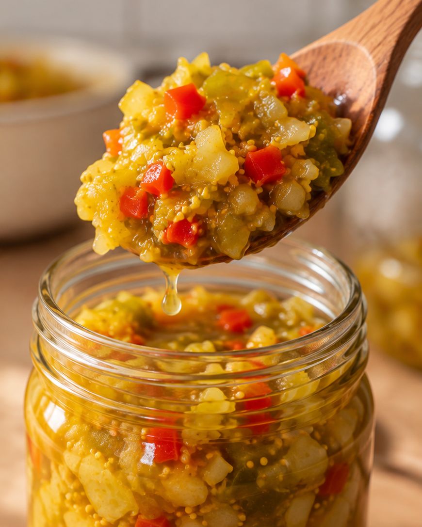 A wooden spoon scoops a chunky yellow and red relish from a glass jar. The relish contains chopped vegetables, including red bell peppers and onions, with mustard seeds visible.