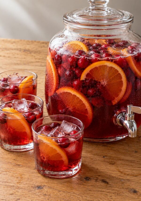 A glass beverage dispenser filled with cranberry punch, orange slices, and cranberries, next to three glasses of the same punch over ice.