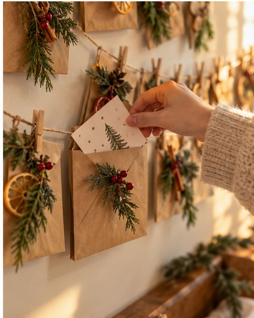 A hand pulls a small card featuring a pine tree illustration from a brown paper envelope hanging on a string as part of an advent calendar decorated with pine sprigs, berries, and dried orange slices.