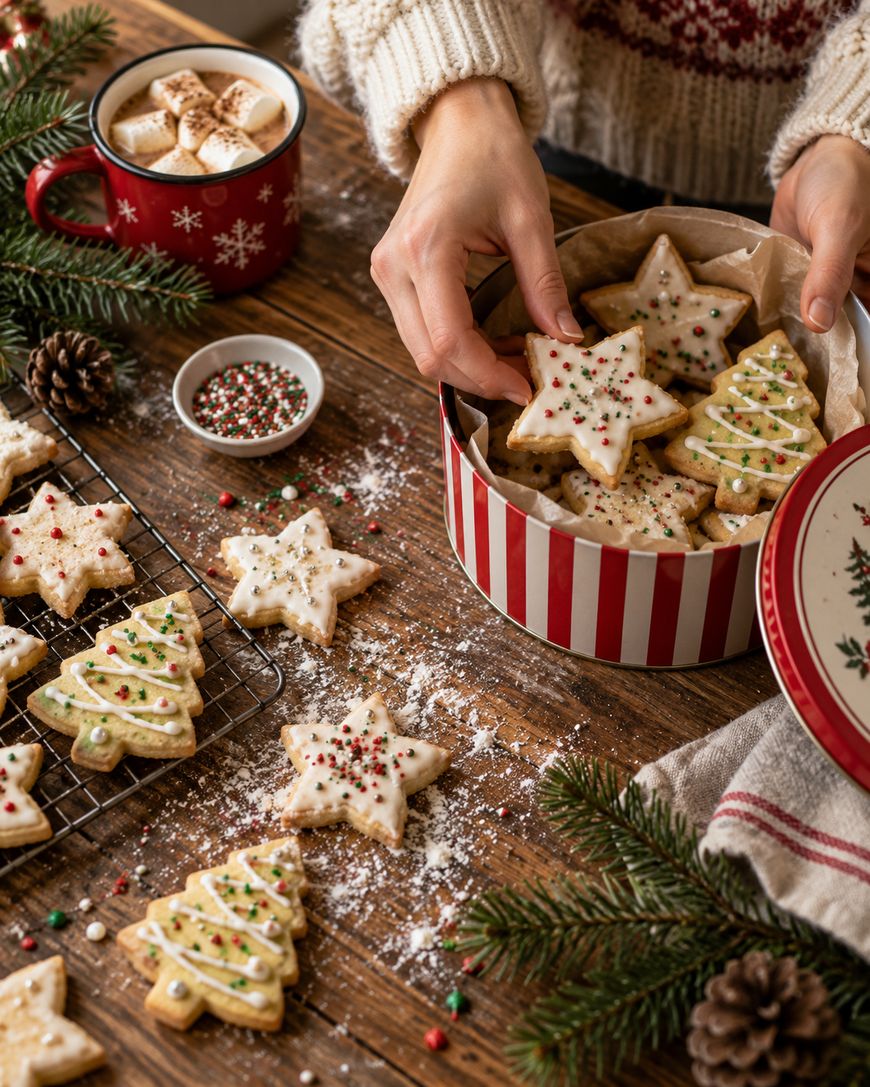 Hands placing a star-shaped sugar cookie decorated with icing and sprinkles into a round holiday tin filled with assorted star and tree-shaped cookies.