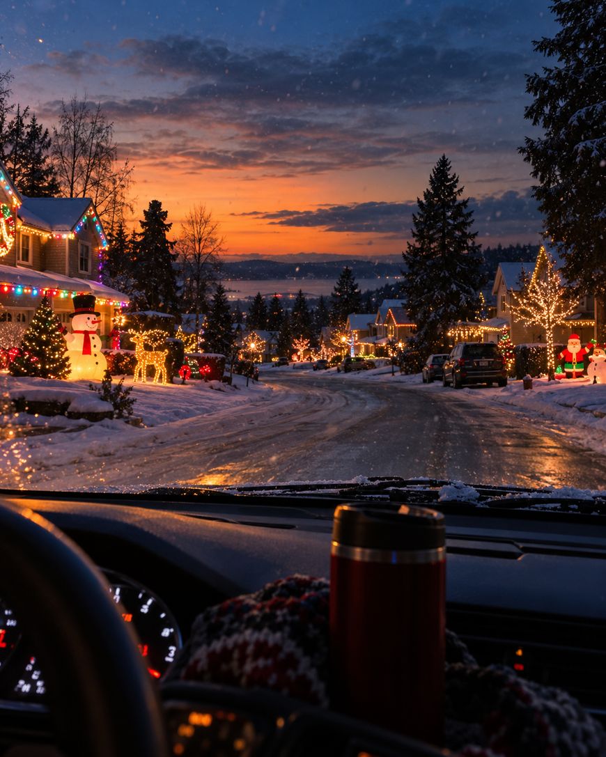 View from inside a car looking out at a suburban street decorated with Christmas lights at sunset, with a snowman and Santa Claus figure on the snowy lawns.