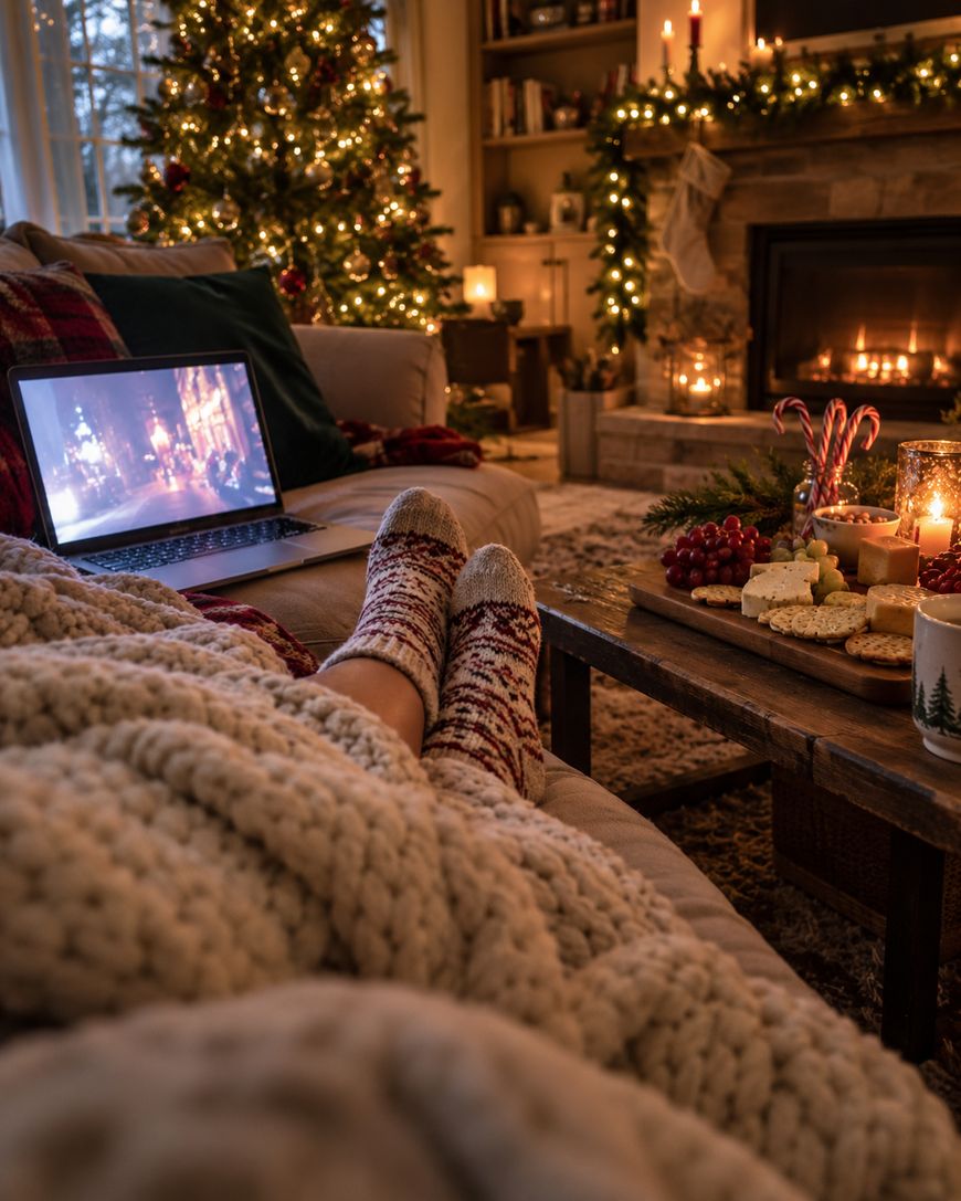 A person wrapped in a thick knit blanket with patterned socks rests their feet on a coffee table while watching a laptop, with a lit Christmas tree and fireplace in the background.