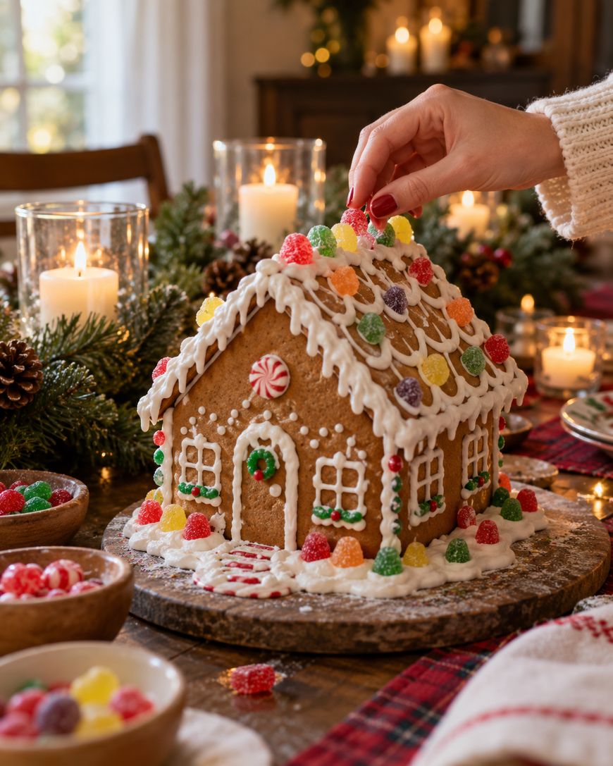 A hand places a gumdrop onto the roof of a decorated gingerbread house sitting on a wooden board.