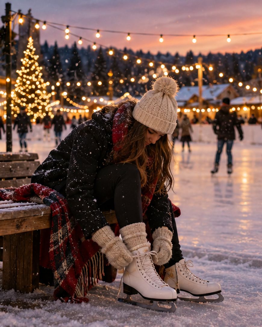 A woman in a winter hat and coat sits on a wooden bench at an outdoor ice rink, tying her white ice skates.